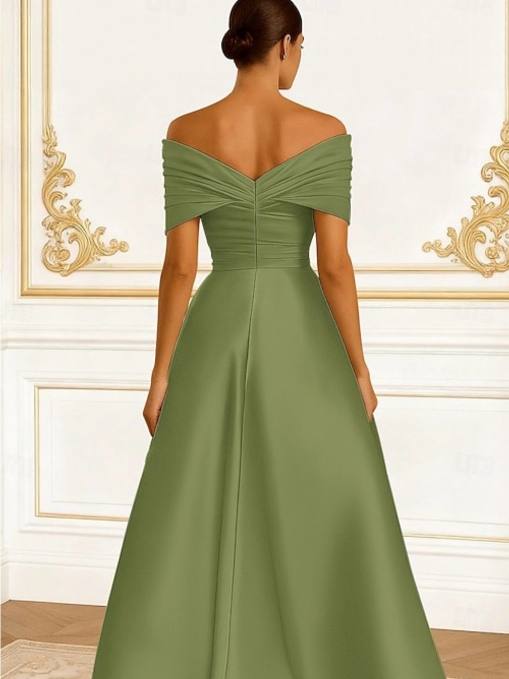 Off-Shoulder Olive Floral Embroidered Evening Gown - Picture 2 of 7